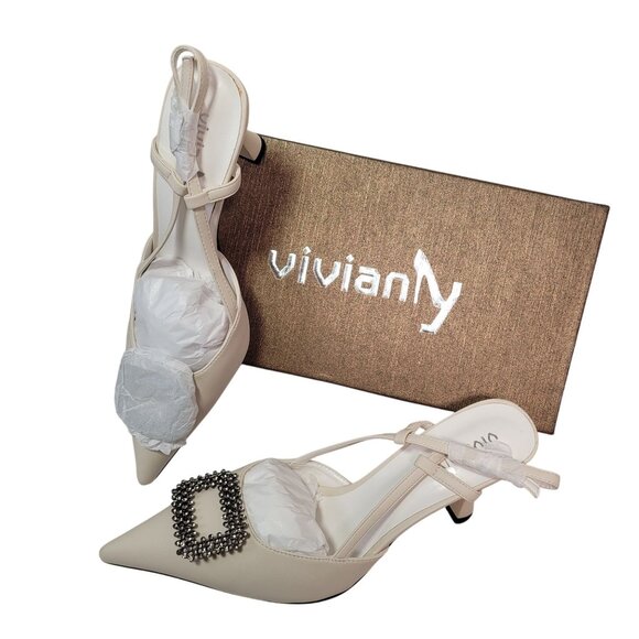 Vivianly Women's Beige Pointed Toe Slingback Stiletto Heels With Rhinestone 10 - Picture 2 of 14